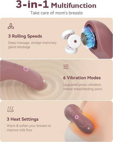 Momcozy Rolling Lactation Massager with Heat, 3-in-1 Design, Cozy Red
