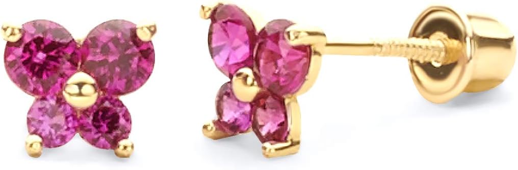 14k REAL Yellow Gold Butterfly Stud Earrings with Screw Back- 12 Different Color Available