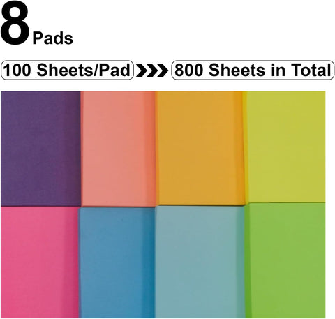 Sticky Notes 3x3, 8 Pack Sticky Pads 100 Sheet/Pad, Bulk Sticky Note Pads, Multicolor Self-Sticky Notes Pad - Teacher Classroom Must Haves, Back to School and Office Supplies Blank Desk Note Pads.