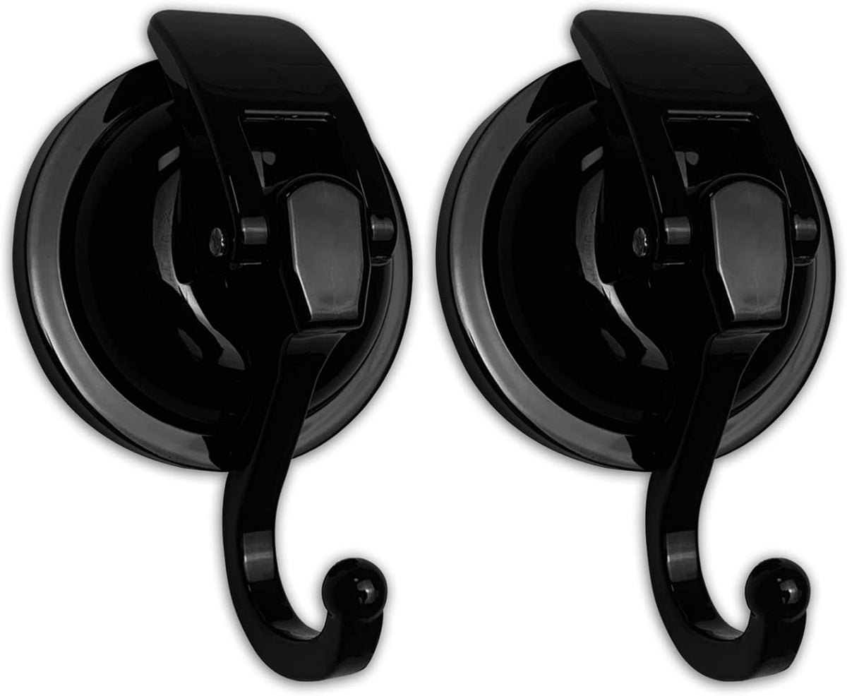 Heavy Duty Vacuum Suction Cup Hooks, ABS Plastic and TPU Rubber Shower Hooks, Bathroom Robe Hooks, Reusable, No Hole Punched, for Garland Decoration (Black, 2 Pack)