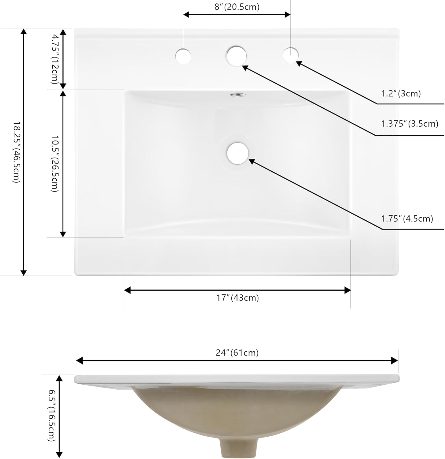 JONATHAN Y Ancillary 24" Bathroom 3-Hole Sink Top, White