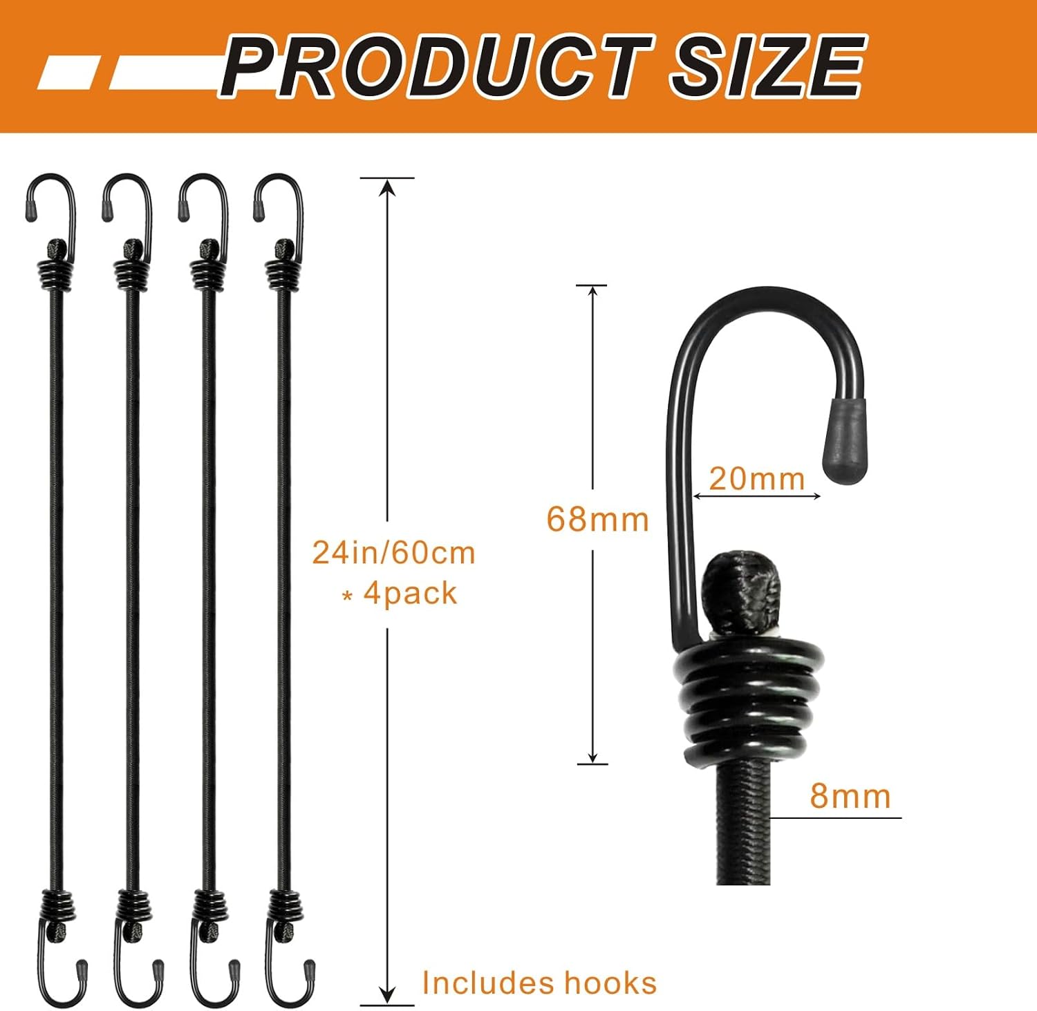 BEXSLE Bungee Cords with Hooks, Heavy Duty Outdoor Elastic Bungee Straps，No Odour Industrial Grade Bungee Rope for Securing Tarps, Luggage, Tents, Bikes or Garden Tidying 24inch 4Pcs (Black)