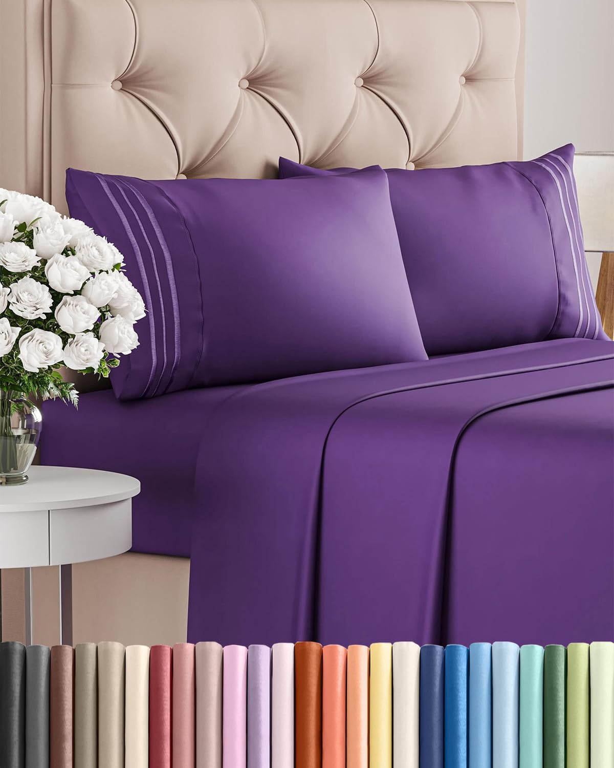 Queen Size 4 Piece Sheet Set - Comfy Breathable & Cooling Sheets - Purple