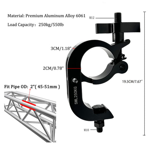 2 pack Truss Clamp Stage Clamp,Premium Aluminum Alloy DJ Light Clamps,Heavy Duty 550 LB,Fit for 45-51mm（1.77-2”）OD Tube/Pipe,LED PAR DJ Spots Lights Moving Head Beam Spot Clamps,TUV Certificated