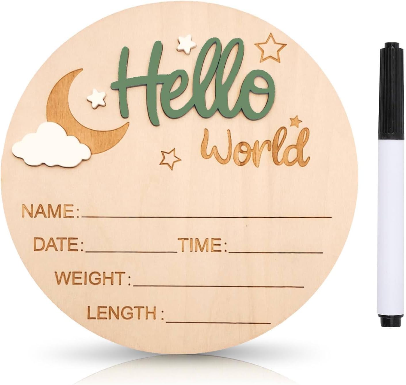 Baby Announcement Sign, 5.9 Inch Wooden Hello World Newborn Signs, Birth Announcement Sign and Pen, Moon and White Cloud Decoration, Welcome Newborn Arrival to World (Avocado Green)