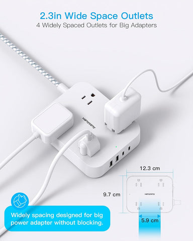 Flat Plug Extension Cord, 4 Widely Power Strip with 4 USB Ports(2 USB C)