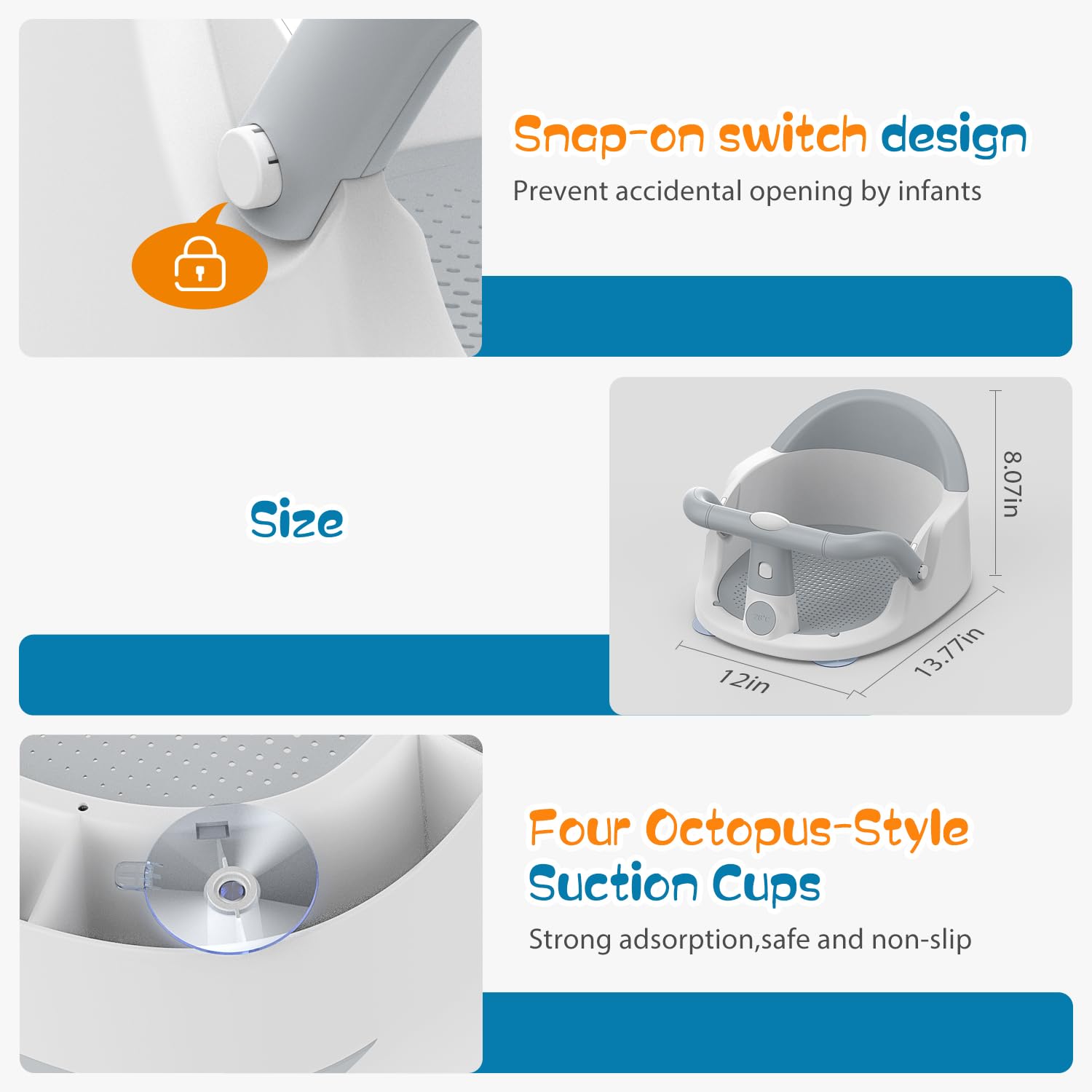 Baby Bath Seat with Suction Cups, 6M+ Up, Non-Slip, Portable, Easy Clean