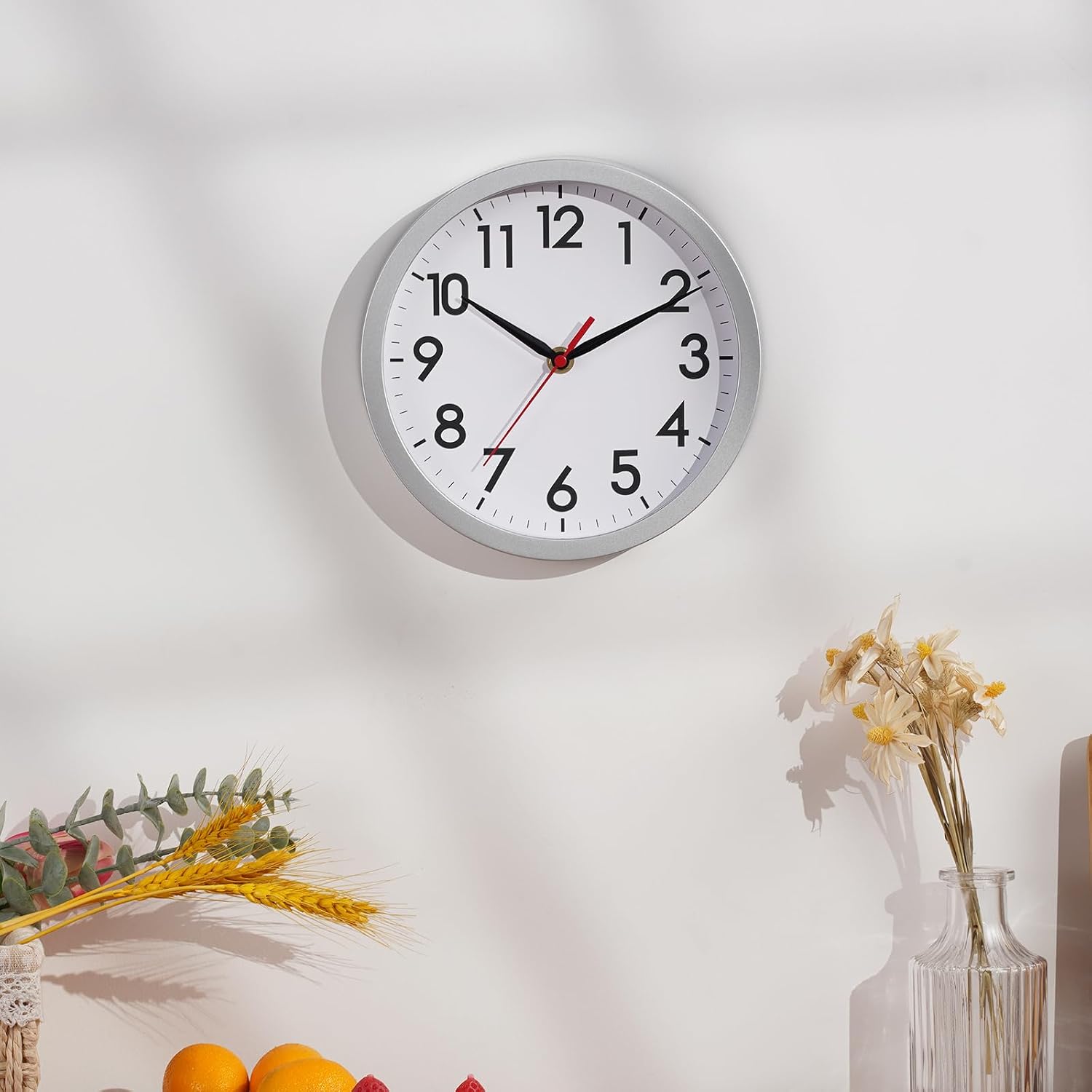 AKCISOT 8 Inch Wall Clock, Silent Battery Operated Analog Clock, Silver
