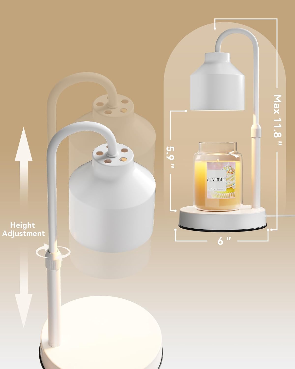 Electric Candle Warmer Lamp White, Candle Lamp Warmer with Timer, Wax Warmer Lamp for Jar Candles, Adjustable Height Candle Light Warmer with 2 Bulbs