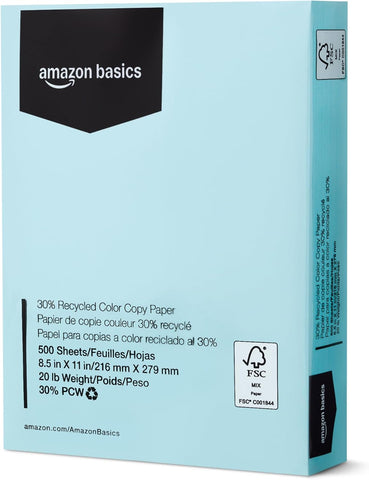 Amazon Basics 30% Recycled Color Copy Paper, 8.5" x 11", 20lb, Pastel Blue, 500 Sheets