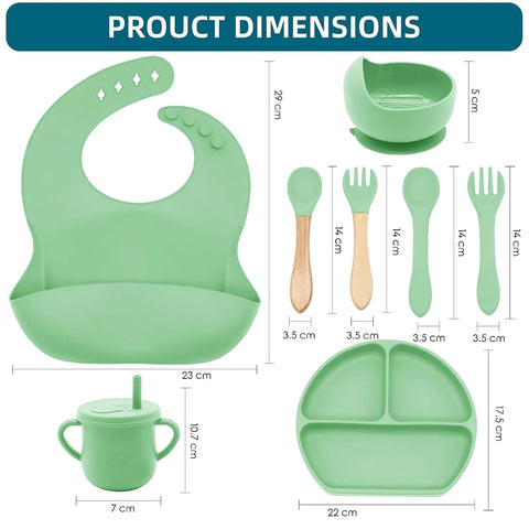 100% Silicone baby feeding set,BPA free Baby dishes set with Suction Bowl Divided Plate,Toddler Self Feeding Dish Set with Spoons Forks Sippy Cup And Bib, Baby Eating Utensils (Neon Green)