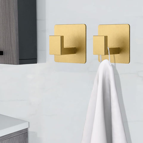 VAEHOLD Adhesive Towel Hooks, Heavy Duty Wall Hooks for Hanging Coat, Hat, Towel, Robe, Clothes, Shower Hook for Door, Office, Kitchen, Bathroom - 2 Pack (Gold)