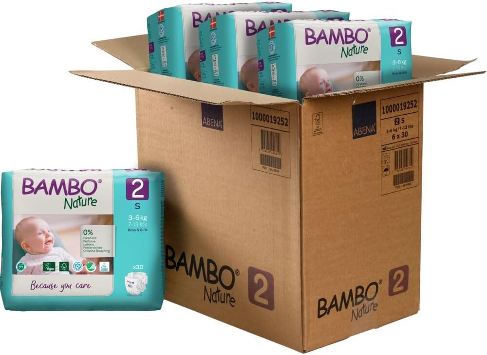 Bambo Nature Hypoallergenic Baby Diapers, Eco-Labeled Sustainable Diapers, Enhanced Leakage Protection, Totally Chlorine-Free, Skin Friendly, and Super Absorbent - Size 2 (4-9lbs) - 180 Count