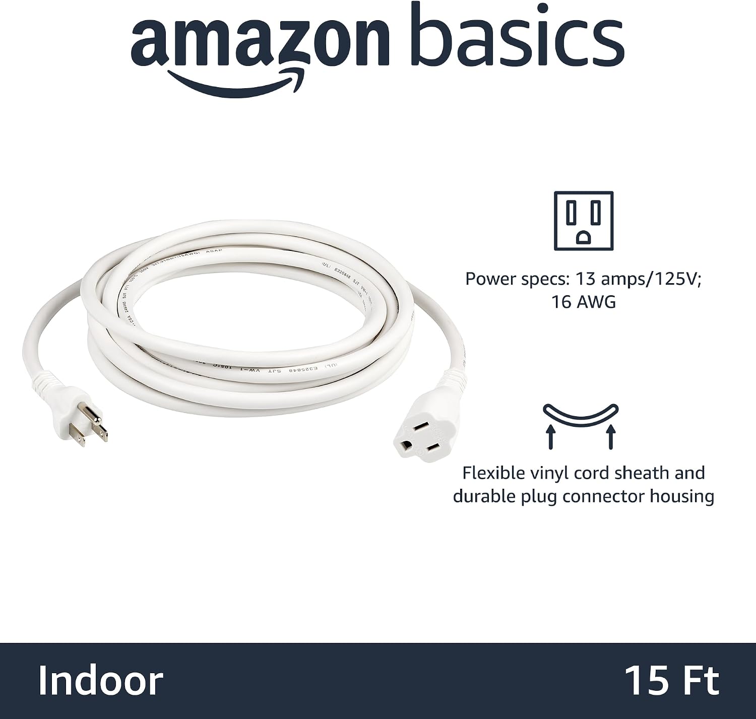 Amazon Basics Indoor Extension Cord, 3 Prong Outlet Extender Power Cord, 13 Amps, 125V, 15 Foot, White, 2-Pack