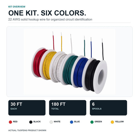 TUOFENG 22 AWG Solid Wire Kit, 6 Colors, 30 ft Each