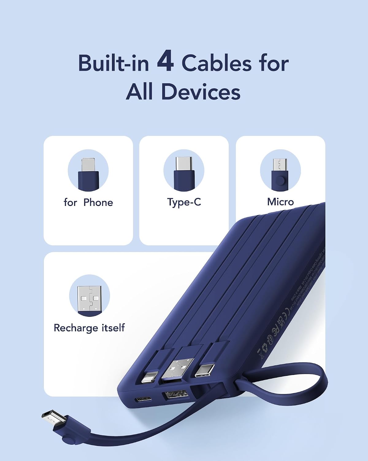 VRURC Portable Charger, Built in 4 Cables & Lanyard Power Bank 10000mAh