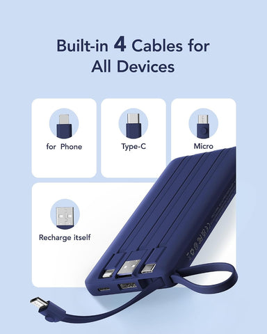 VRURC Portable Charger, Built in 4 Cables & Lanyard Power Bank 10000mAh