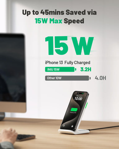 INIU Wireless Charger Station, 15W Fast Qi-Certified Wireless Charging Stand for Official and Home Compatible with iPhone 16 15 14 13 12 Pro XS Samsung Galaxy S23 S22 S21 Note 20 Google etc