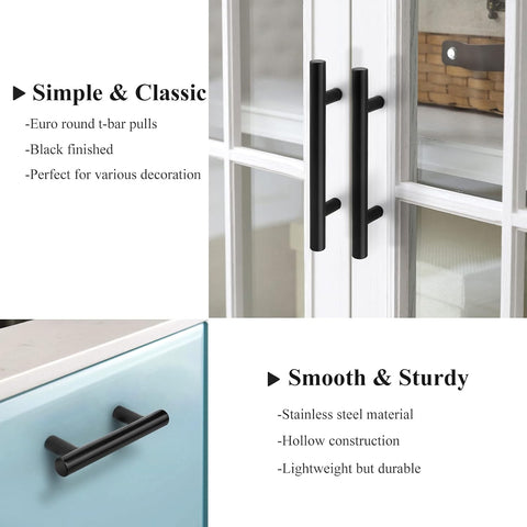 Probrico 30 Pack| 5 Inch Black Cabinet Handles with 3 Inch Hole Center Stainless Steel Cabinet Pulls Round T Bar Kitchen Cabinet Hardware Door Handles, Drawer Dresser Pulls，76mm Hole Centers