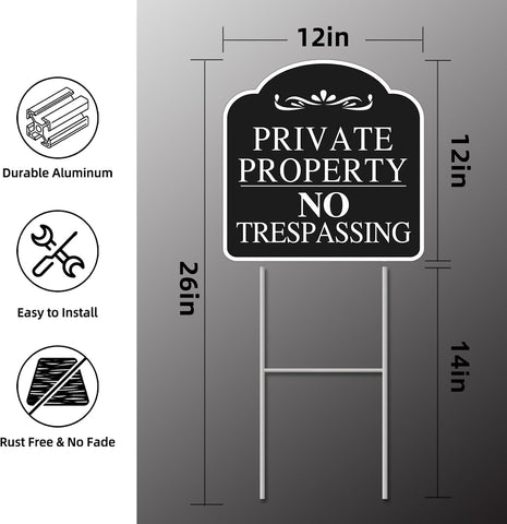 No Trespassing Signs Private Property, Large 2-Pack private property no trespassing sign 12"x12" Double-Sided H-Stake Metal Stakes, Outdoor Yard Sign, private property signs for Home and Front Door