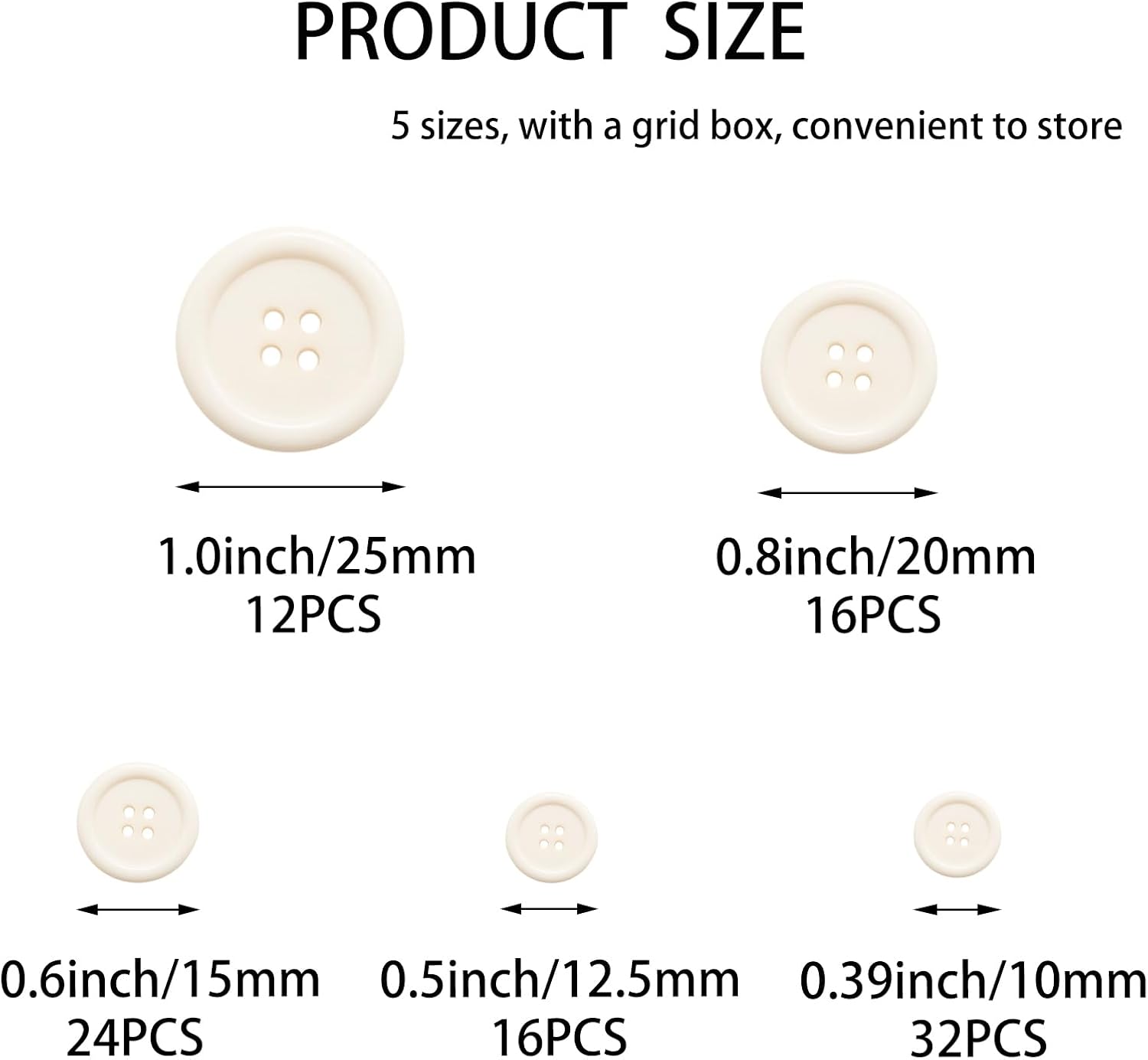 Lilaly 100 pcs Beige Buttons for Crafts, 5 Sizes Mixed Round Sewing Buttons for Clothes, Suitable for for DIY Crafts, Coats, Shirts, Pants, Shorts