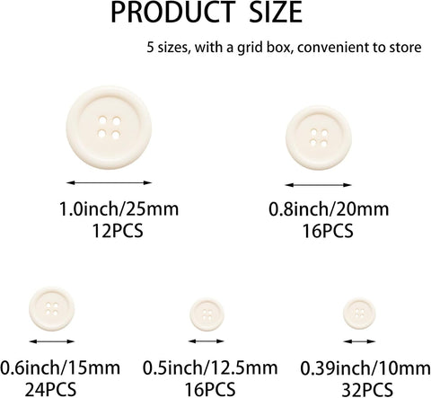 Lilaly 100 pcs Beige Buttons for Crafts, 5 Sizes Mixed Round Sewing Buttons for Clothes, Suitable for for DIY Crafts, Coats, Shirts, Pants, Shorts