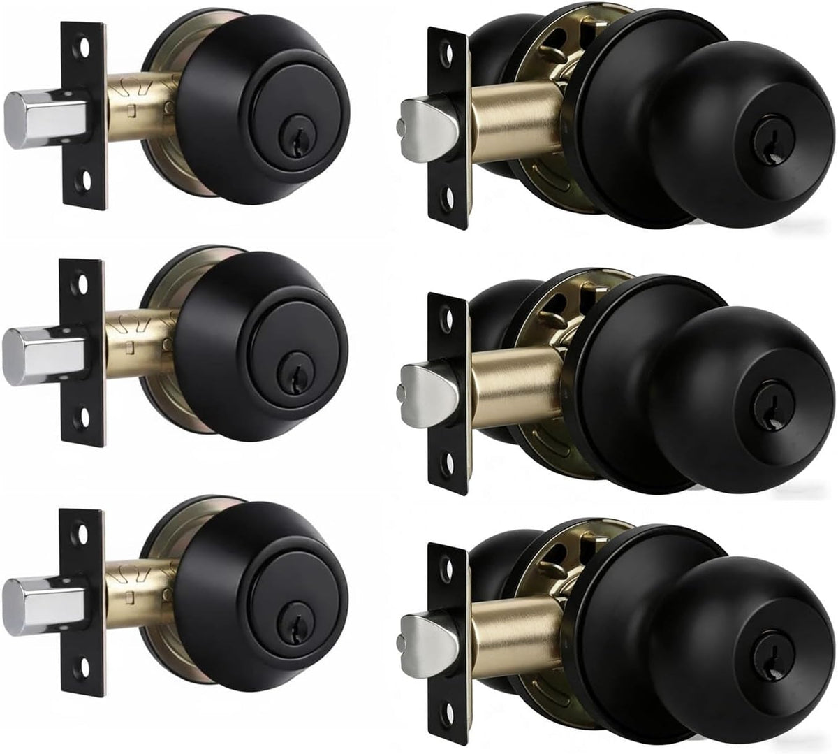 Value Pack Door Lock with Key and Deadbolt, Keyed Alike Exterior Door Handle Set for Front and Entry Doors, Matte Black Finish, 3 Pack