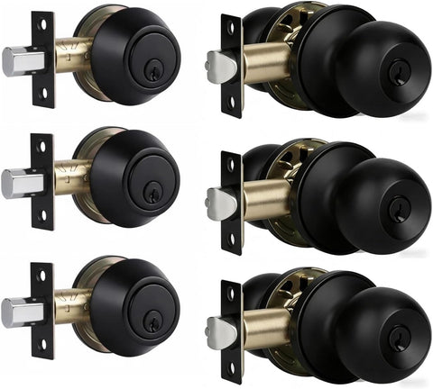 Value Pack Door Lock with Key and Deadbolt, Keyed Alike Exterior Door Handle Set for Front and Entry Doors, Matte Black Finish, 3 Pack