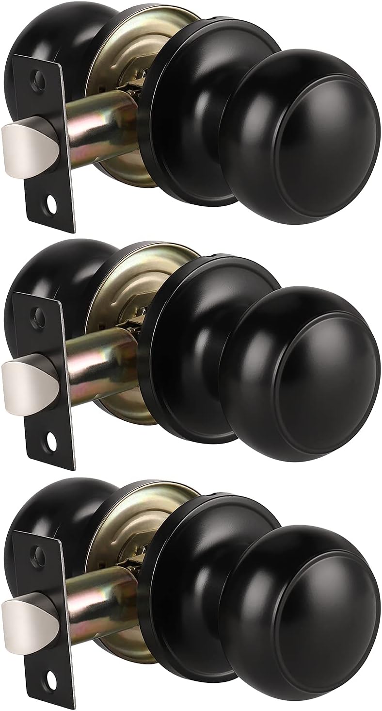 KNOBWELL 3 Pack Matte Black Passage Door Knobs, Modern Closet Door Knobs Set Interior with Concealed Screws
