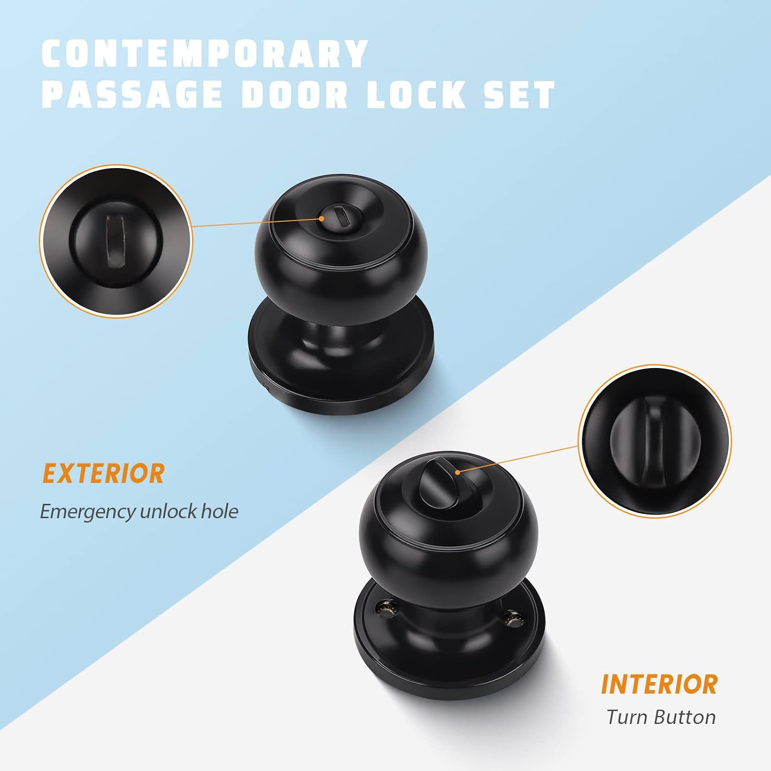 KNOBWELL 2 Pack Ball Privacy Door Knob, Black Interior Door Knob, Door Knob with Lock for Storeroom Bedroom Bathroom, Interior Door Use, Matte Black