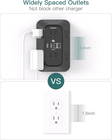 Addtam 6-Outlet Extender Surge Protector, Multi Plug Wall Outlet with 4 USB Wall Charger(2 USB C Ports), Plug Extension Outlet with 1800J, Outlet Splitter Power Strip for Home Office, Black