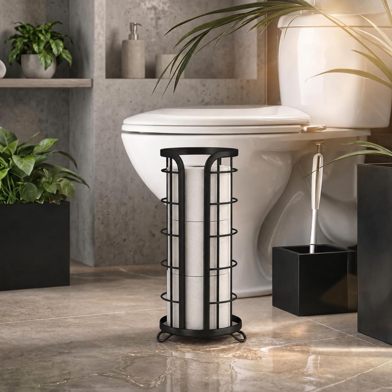 BROOKSTONE Toilet Paper Holder Stand Reserve - Free Standing Toilet Paper Stand with Storage that Holds Mega Rolls, Standing Bathroom Tissue Organizer, Bathroom Decor - Modern Storage Holder, Black
