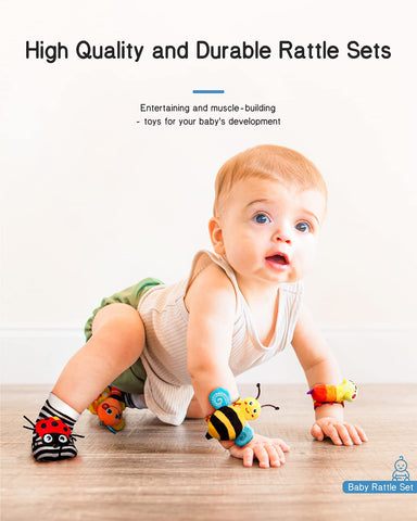 Infinno Wrist Rattles and Foot Finder Socks Set, Baby Toys for 0-12 Months