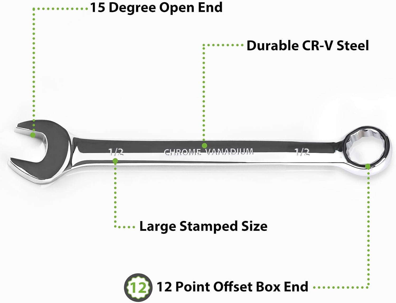 1/2 Wrench, Industrial Grade Spanner, Combination Wrenches SAE with 12-Point Box End, 15-Degree Offset, 1/2 Wrenches Chrome Vanadium Steel Mirror Polished