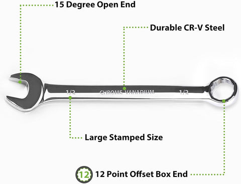 1/2 Wrench, Industrial Grade Spanner, Combination Wrenches SAE with 12-Point Box End, 15-Degree Offset, 1/2 Wrenches Chrome Vanadium Steel Mirror Polished