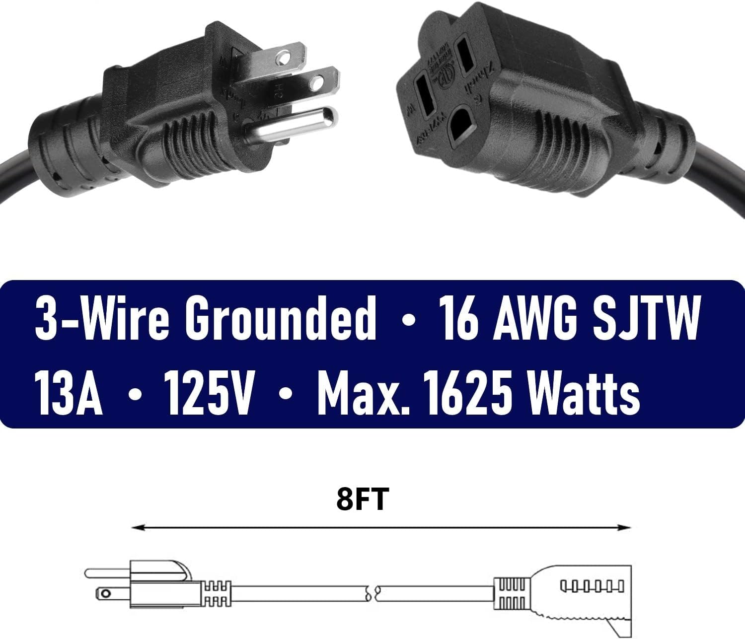 4 Pack 8FT 16 AWG Heavy Duty Extension Cord 3 Prong SJTW ETL Indoor Outdoor