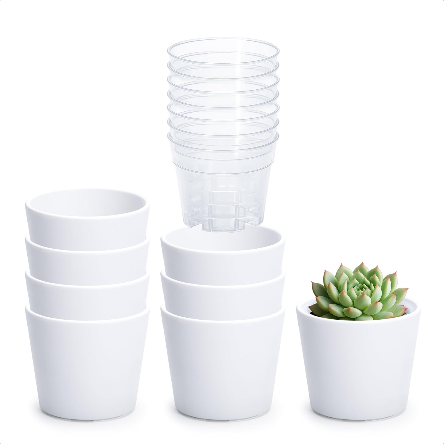 Phoenix Vine 3.5 Inch White Plastic Cachepot with Clear Nursery Pot, Decorative Lightweight Planter Cover with Transparent Inner Pot for Indoor Houseplants, Pack of 8, 24-A-D-8