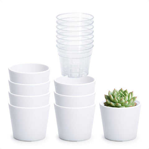 Phoenix Vine 3.5 Inch White Plastic Cachepot with Clear Nursery Pot, Decorative Lightweight Planter Cover with Transparent Inner Pot for Indoor Houseplants, Pack of 8, 24-A-D-8