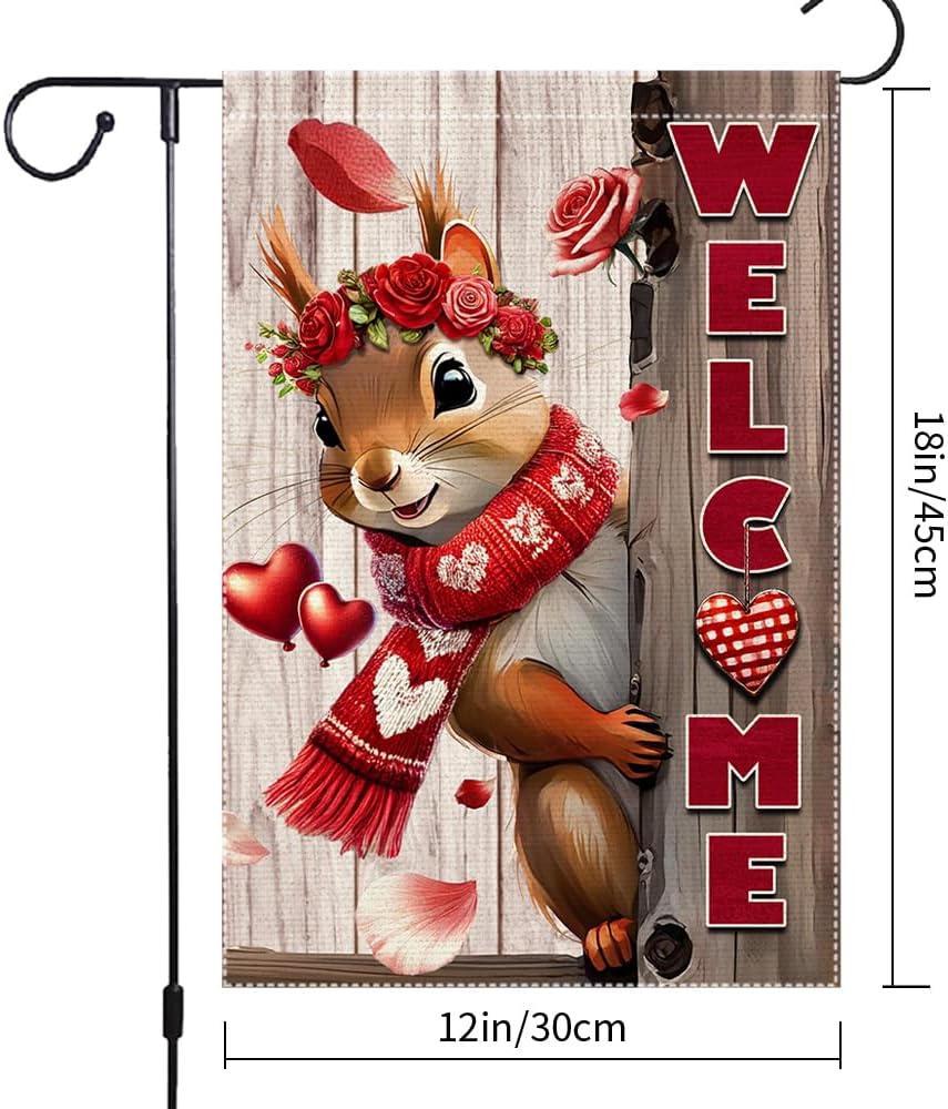 Valentine’s Day Garden Flag 12x18inch Double Sided The Squirrel Red Love Heart Rose Valentine’s Garden Flags For Home Outdoor Yard Patio Lawn Decor,Welcome Valentine Garden Outside Decorations Banner
