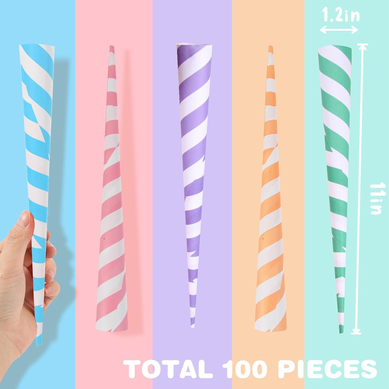 Cotton Candy Cones 100 Pack Carnival Theme - Candy Park Multicolor Paper Cones, For Cotton Candy Machines & Candy Floss Sugar, Party Supplies for Birthday, Easter, Celebrartions & Consession Stand