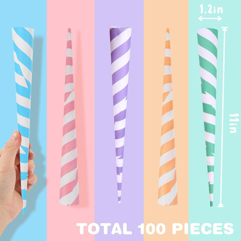 Cotton Candy Cones 100 Pack Carnival Theme - Candy Park Multicolor Paper Cones, For Cotton Candy Machines & Candy Floss Sugar, Party Supplies for Birthday, Easter, Celebrartions & Consession Stand
