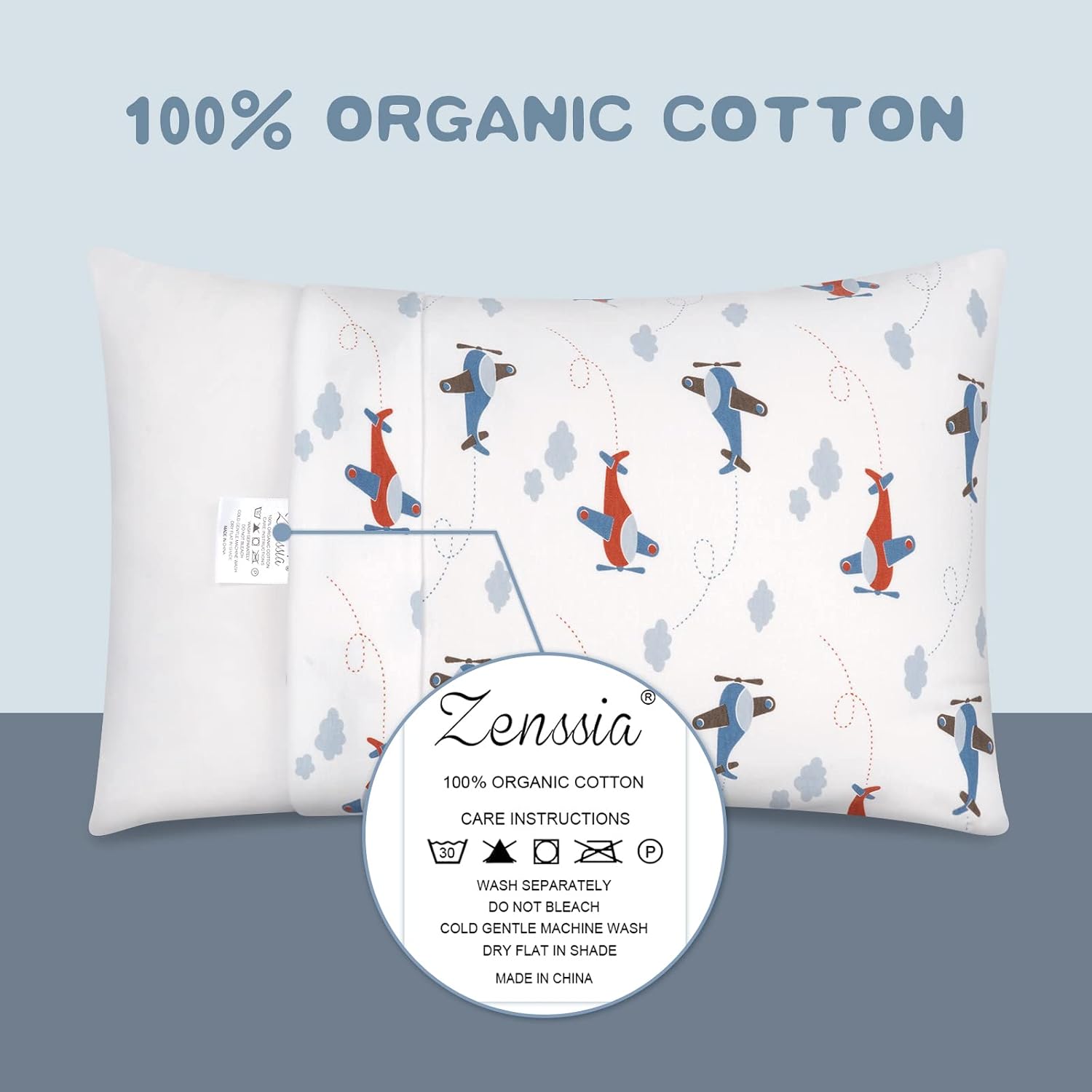 Zenssia Organic Cotton Toddler Pillow Case 13x18 Inches, 2 Pack, Airplane