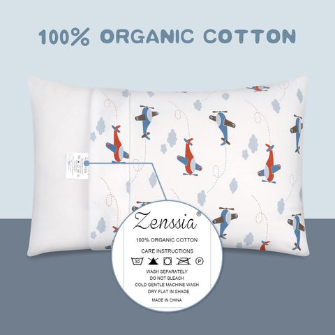 Zenssia Organic Cotton Toddler Pillow Case 13x18 Inches, 2 Pack, Airplane