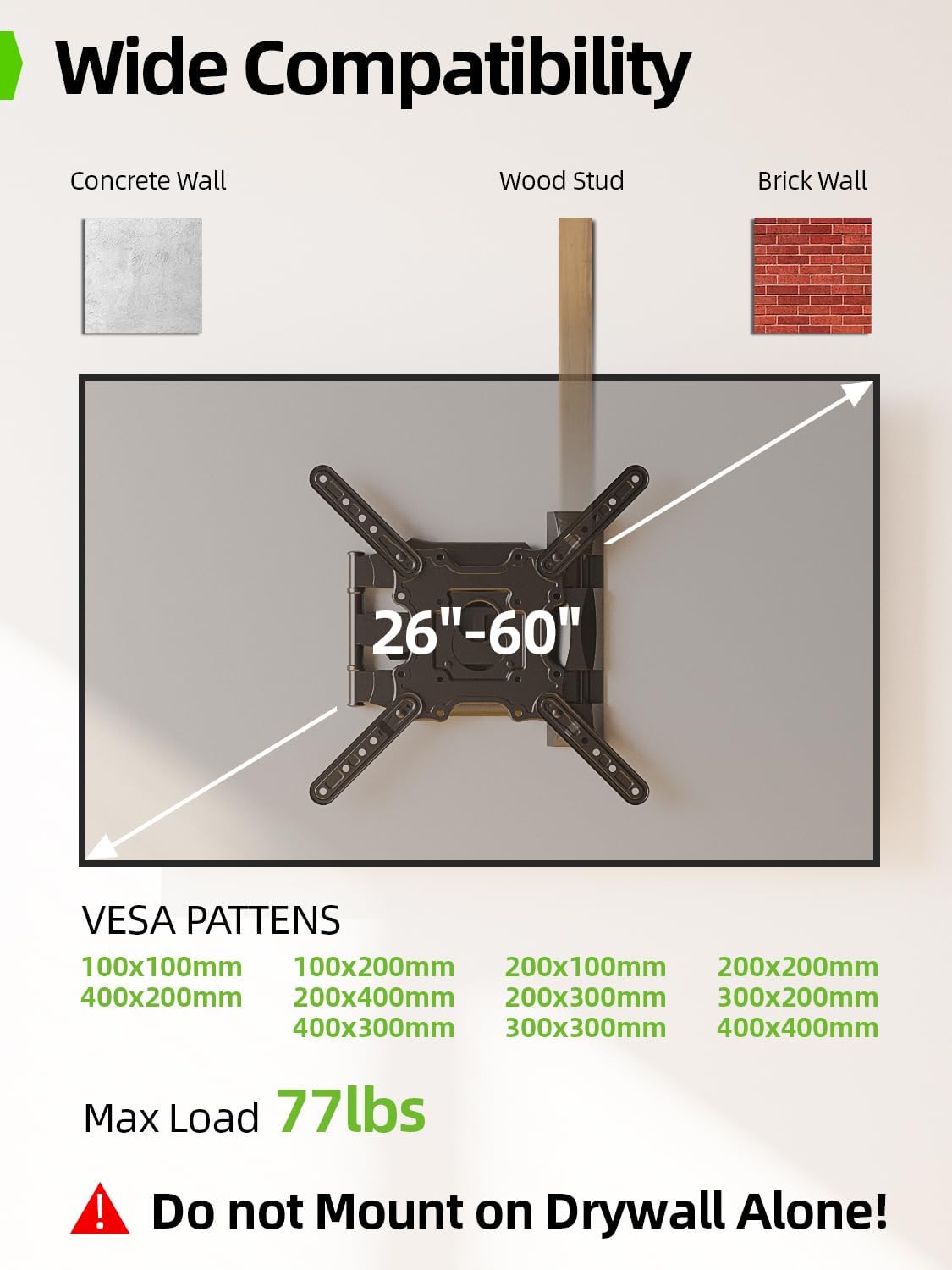 USX Mount TV Wall Mount for Most 26-60 Inch TVs up to 77 lbs, Full Motion Wall Mount TV Bracket with Swivel Tilt Single Stud Design for Corner, Max VESA 400x400mm fit Most 32 40 42 43 50 55 60 TVs
