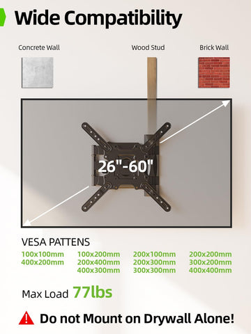 USX Mount TV Wall Mount for Most 26-60 Inch TVs up to 77 lbs, Full Motion Wall Mount TV Bracket with Swivel Tilt Single Stud Design for Corner, Max VESA 400x400mm fit Most 32 40 42 43 50 55 60 TVs