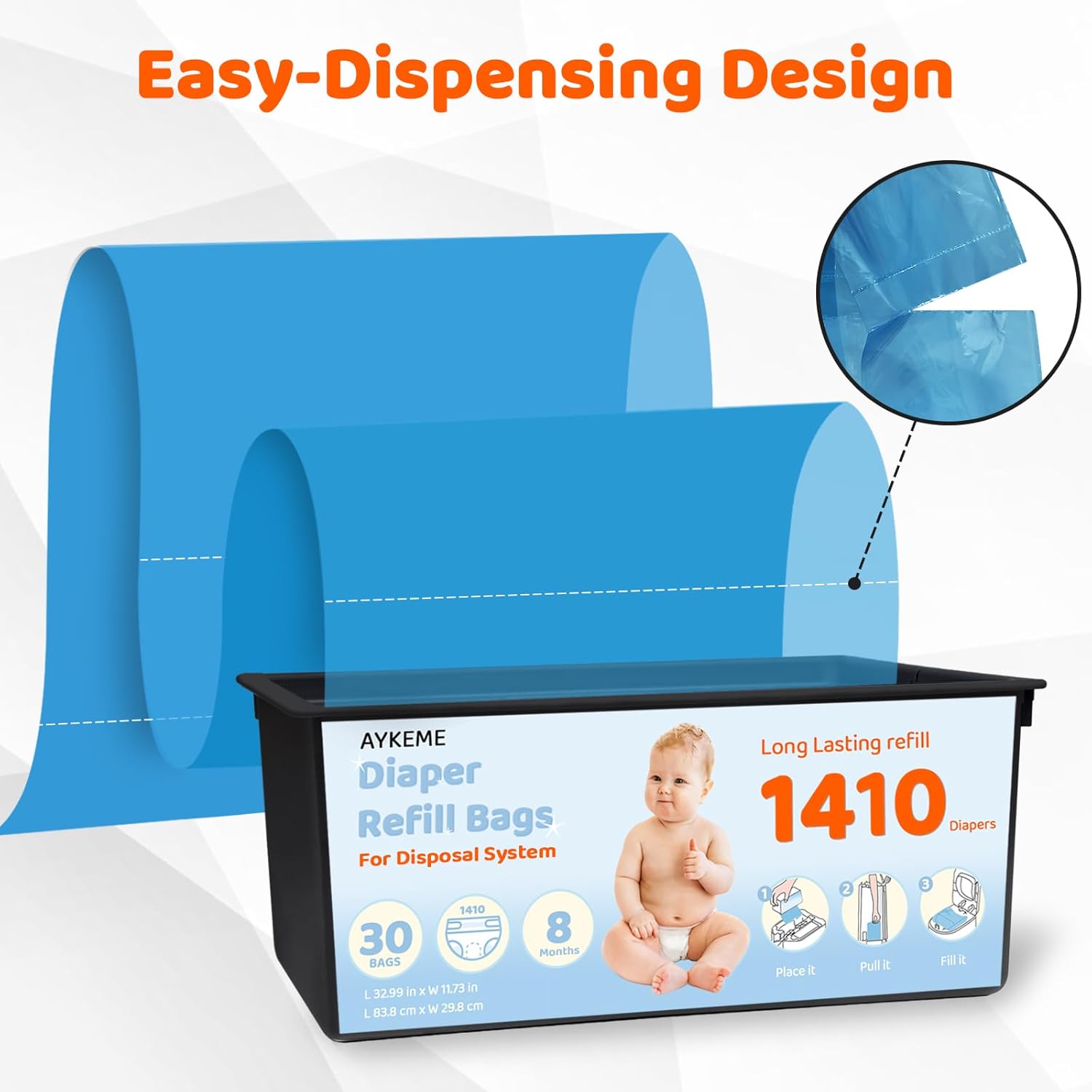 90 Bags Diaper Pail Refills Bags Compatible with Genie Easy Roll Signature & Platinum Diaper Pails | 7-Layer OdorLock Technology | Up to 10 Months Use,3 Pack