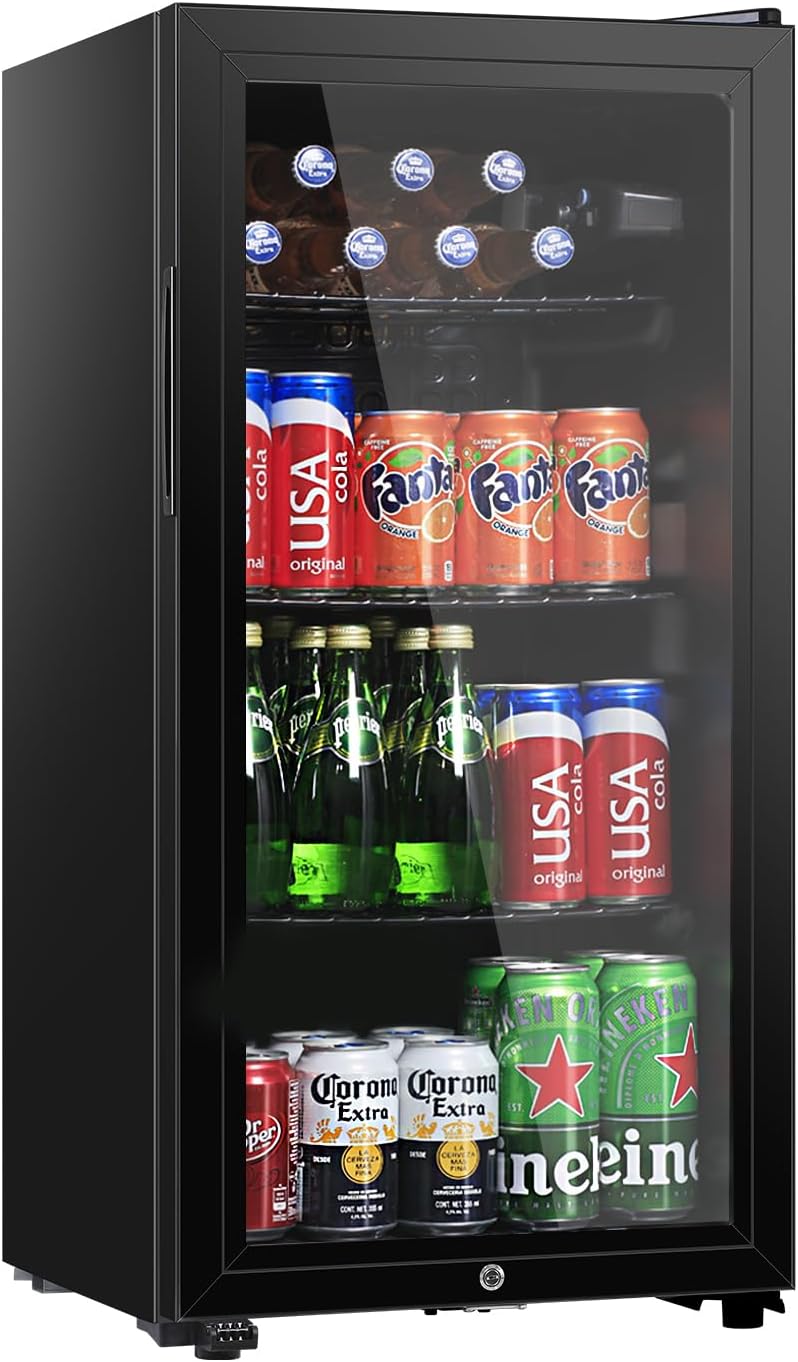 HAILANG 3.2 Cu.Ft Beverage Refrigerator, Mini Fridge with Glass Door, Black