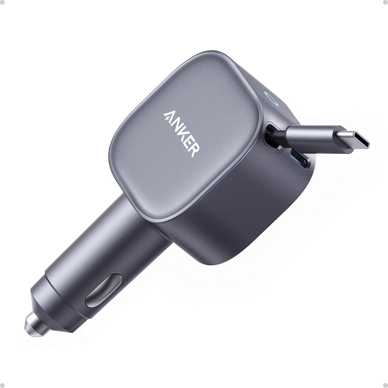 Anker 75W Fast Charging USB C Car Charger with Retractable Built-in Cable