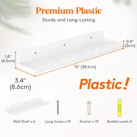 Lifewit Plastic Nursery Floating Book Shelves 12 Pack, 15"x3.4" White Clouds Plastic Wall Shelf for Bedroom Kids, Hanging Bookshelf Racks for Baby Toddler Children Room Decor, White