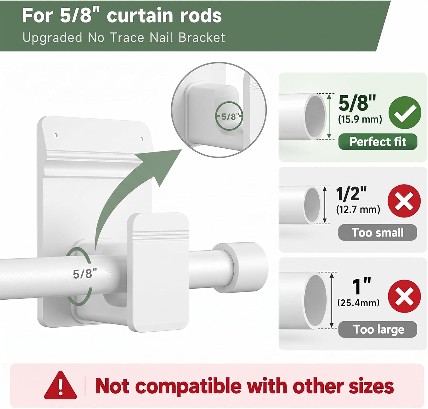 EKOTTOK No Drill Curtain Rod Brackets for 5/8" Rod, Heavy Duty 30LB+, Adhesive & Invisible Nail Curtain Rod Holders, Damage-Free Wall Mount Hooks for Bathroom, Kitchen, Bedroom (8PC, White)